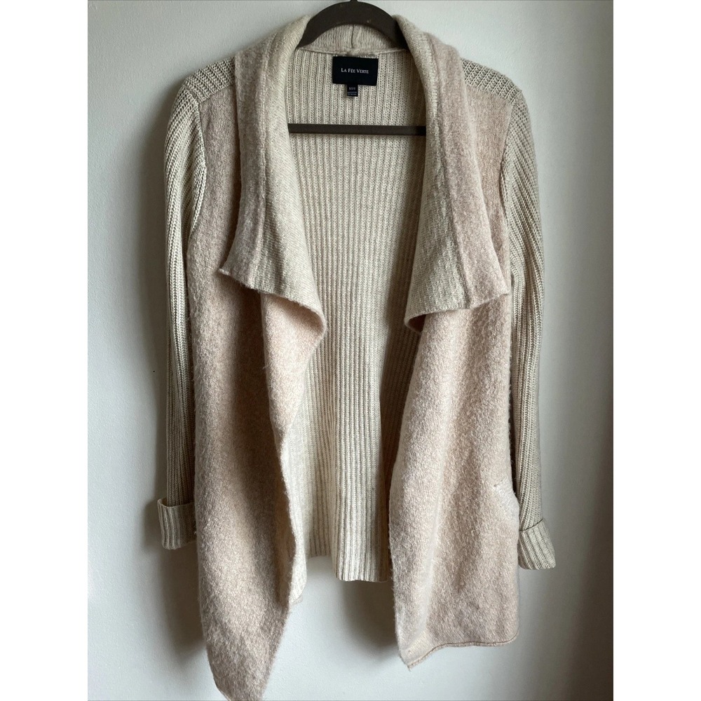 La Fee Verte Cardigan Womens XS/S Beige Draped Open Front Mixed Knit Cozy Preppy